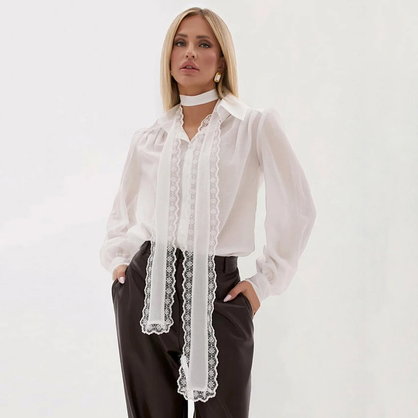 

Linad Sexy White Sheer Puff Sleeve Woman Blouse Office Lady Single Breasted Tops Female 2025 Casual Scarf Collar Shirts Autumn