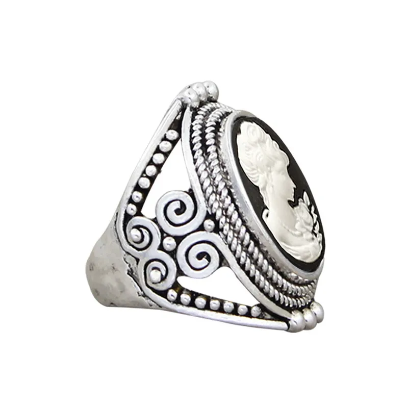 Oval Lady Queen Cameo Rings For Women Vintage Hollow Flower Rings Antique Silver Plated Cocktail Party Fashion Jewelry