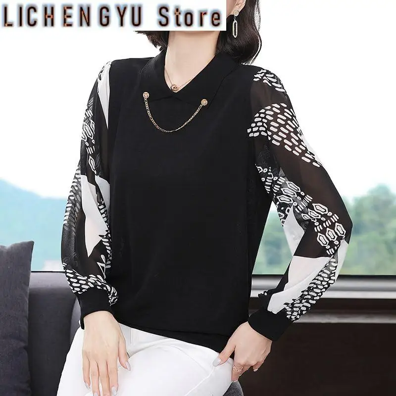 

Women Clothing Pullover Round Neck Rivet Printing Geometric Lantern Long Sleeve Chiffon Elegant T-shirt Casual Trendy Tops