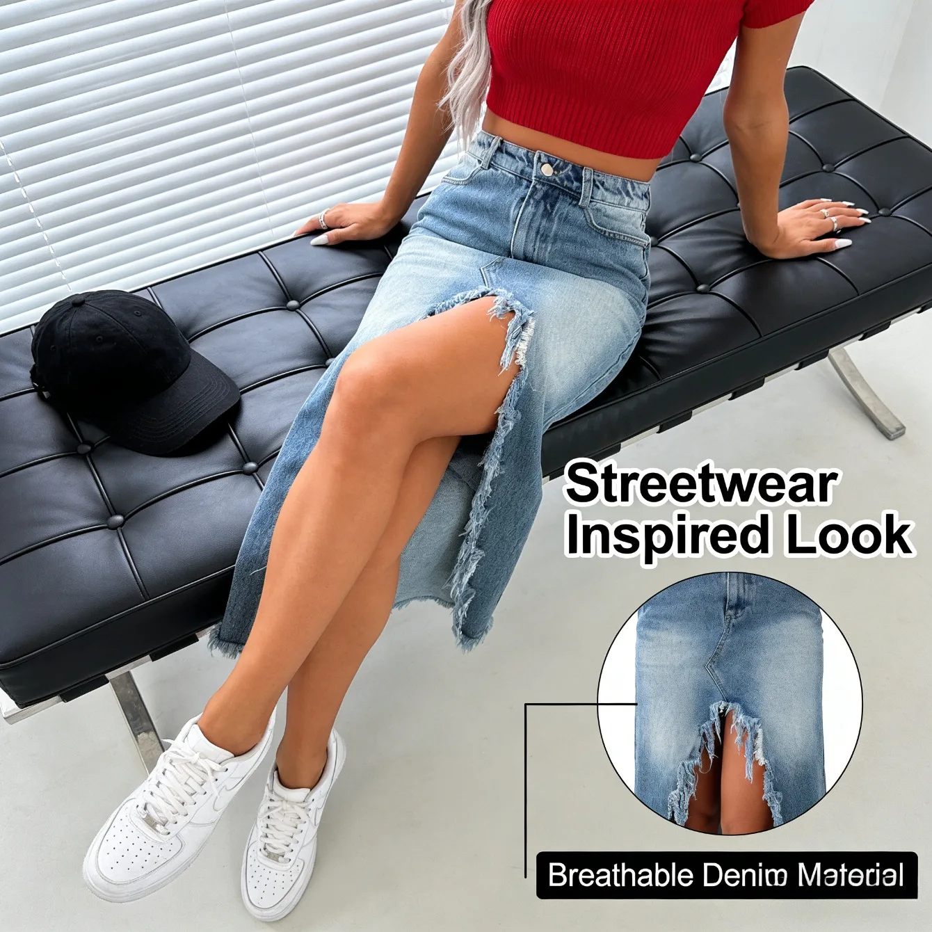 

Vintage Washed Denim Midi Skirt Women's High Waisted Irregular Hem Skirt Retro Street Style Slim Fit Skirt