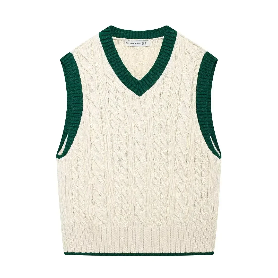 

Women's 2024 New Fashion Casual Versatile Contrast Striped Knitted Vest Retro V Neck Sleeveless Women's Vest Chic Top