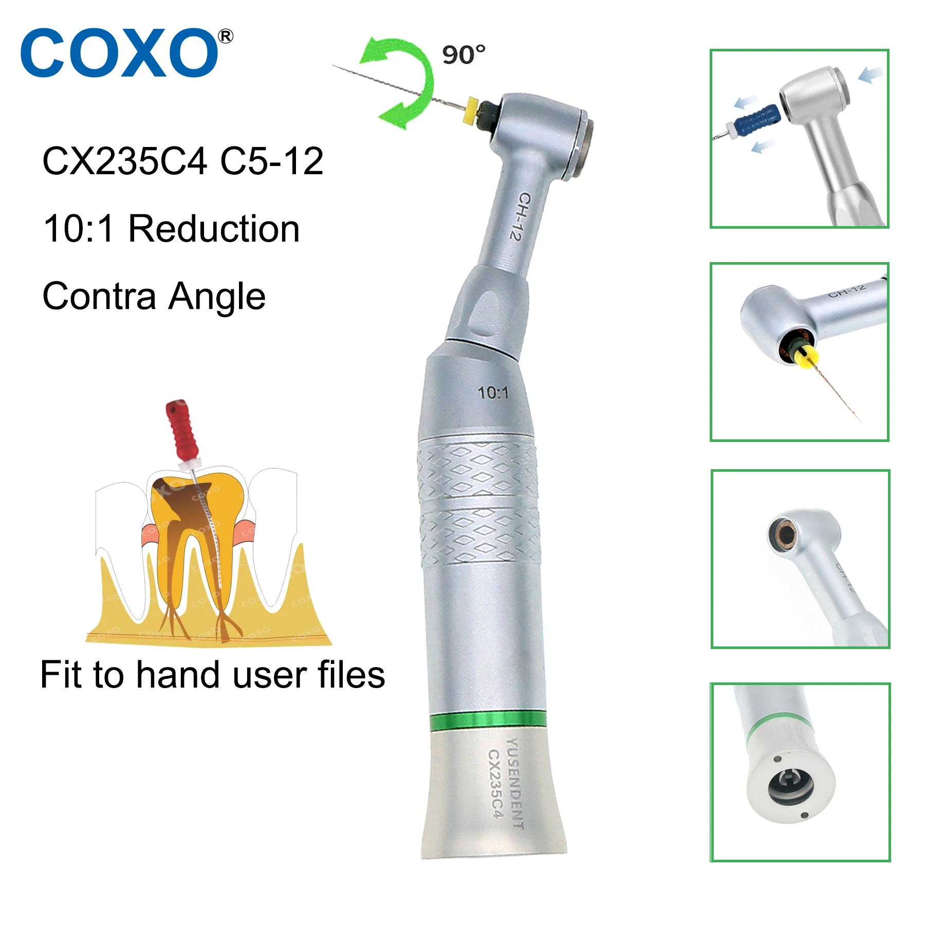 

COXO Dental Reduction Contra Angle Handpiece 10:1 Reduction Speed 90º Reciprocating Endodontic Treatment Fit KAVO NSK W＆H