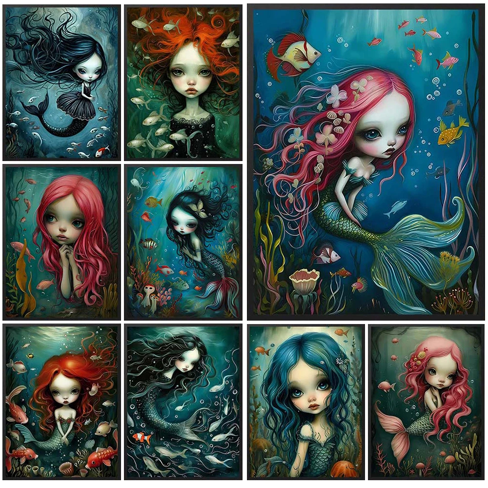 Cartoon Whimsical Lovely Little Mermaid Poster Wall Art Canvas Painting Home Posters Wall Pictures For Living Room Unframed