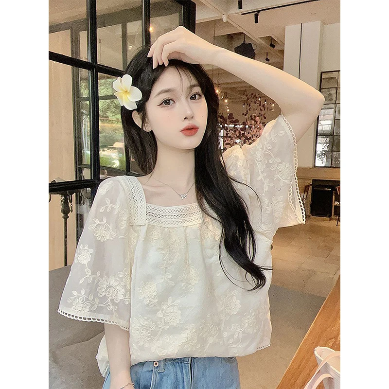 Women Summer Fashion Loose Large Size Simplicity Solid Color Square Collar Short Sleeve Shirts Ladies Casual All-match Top Tee