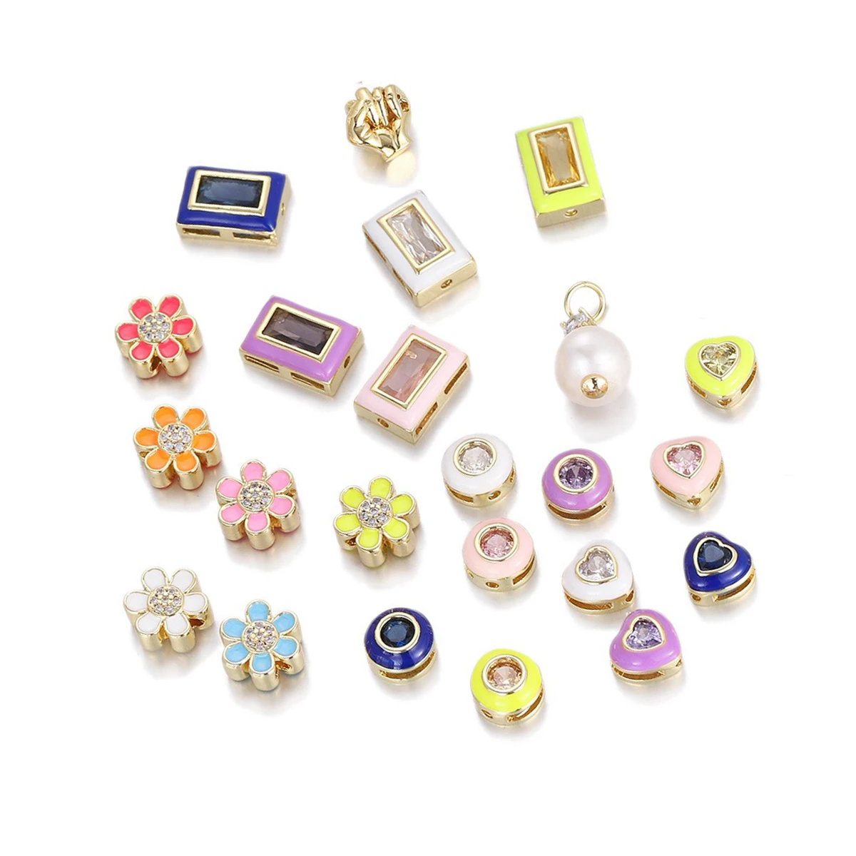 

2 Pcs Enamel Spacer Beads for Diy Bracelet Necklace Making Accessories Heart Flower Rectangle Round Jewelry Inlay Zircon Parts
