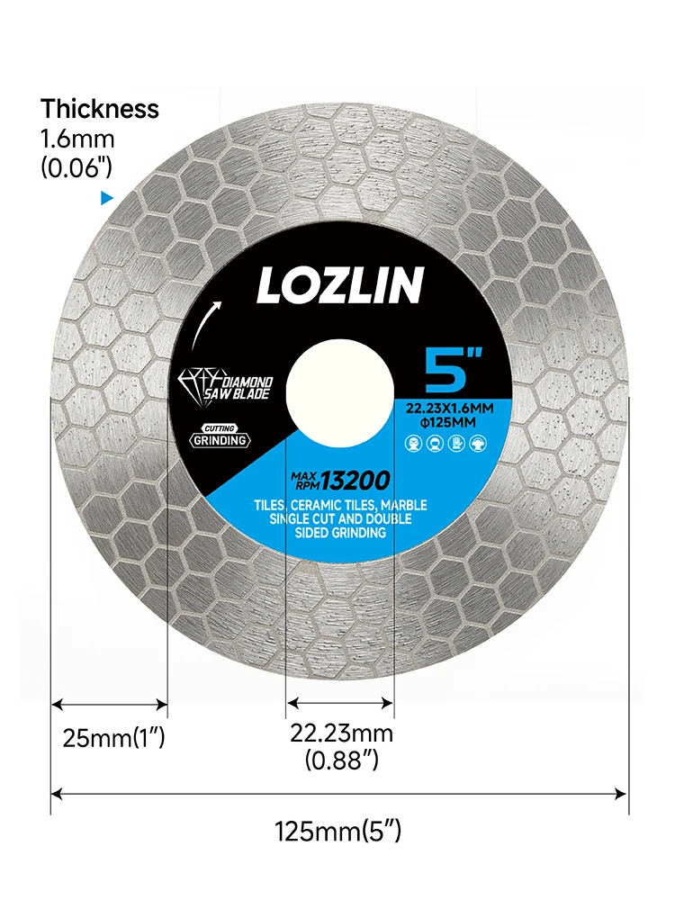 LOZLIN 115/125mm Diamant-Sägeblatt Schneid- und Schleifscheibe Doppelseitig Sechskant Granit Keramik Marmor Winkelschleifer Fliesenplatten-Schneidewerkzeug – Detail 2