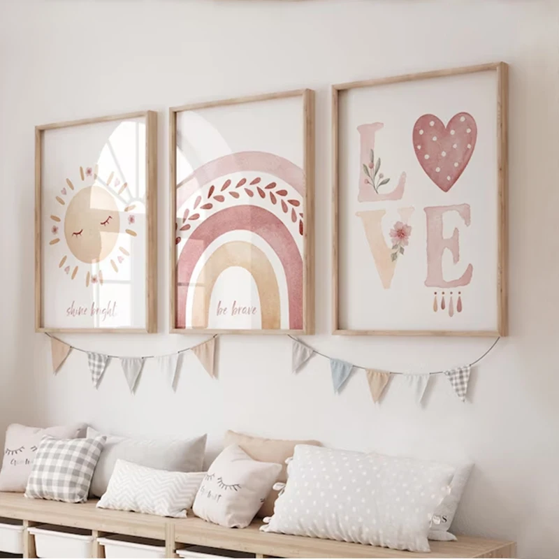 Bohemian Style Rainbow Series Canvas Painting Pink Sun Love Heart Cosy Wall Art Girls Bedroom Trend Decoration Unframed Poster