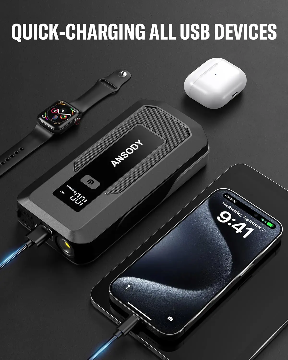 Arrancador de batería para coche Peak de 3000 A, refuerzo de batería de 12 V con luz LED y SOS, -20 ℃   Manivela en frío, para motocicleta SUV pickup