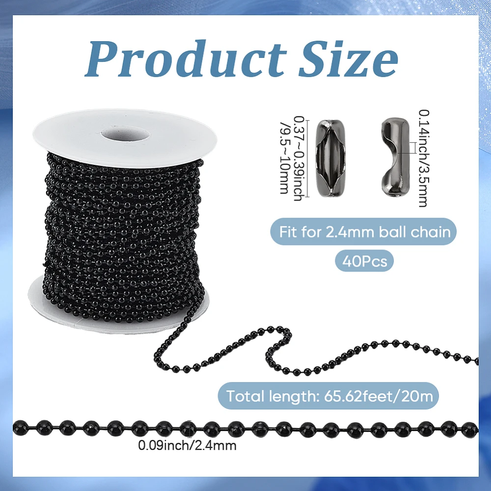 65.6ft/20m Ball Chain Roll 2.4mm Beaded Ball Chain with 40pcs Brass Connectors Iron Round Bead Link Chain Accessories for Dog