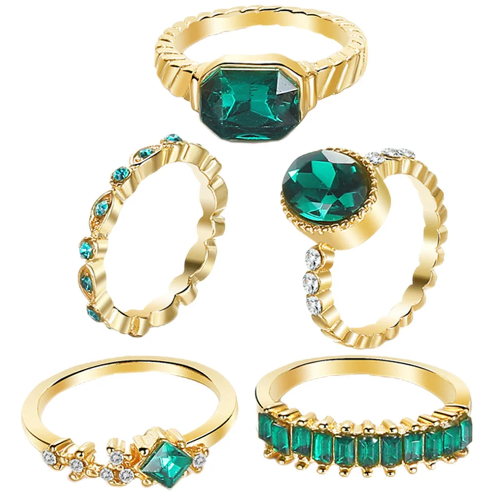 

5 Pcs Retro Green Rhinestone Geometric Diamond 5-piece Set (hs638) Jewelry Kit Finger Rings Vintage Alloy for Women Miss