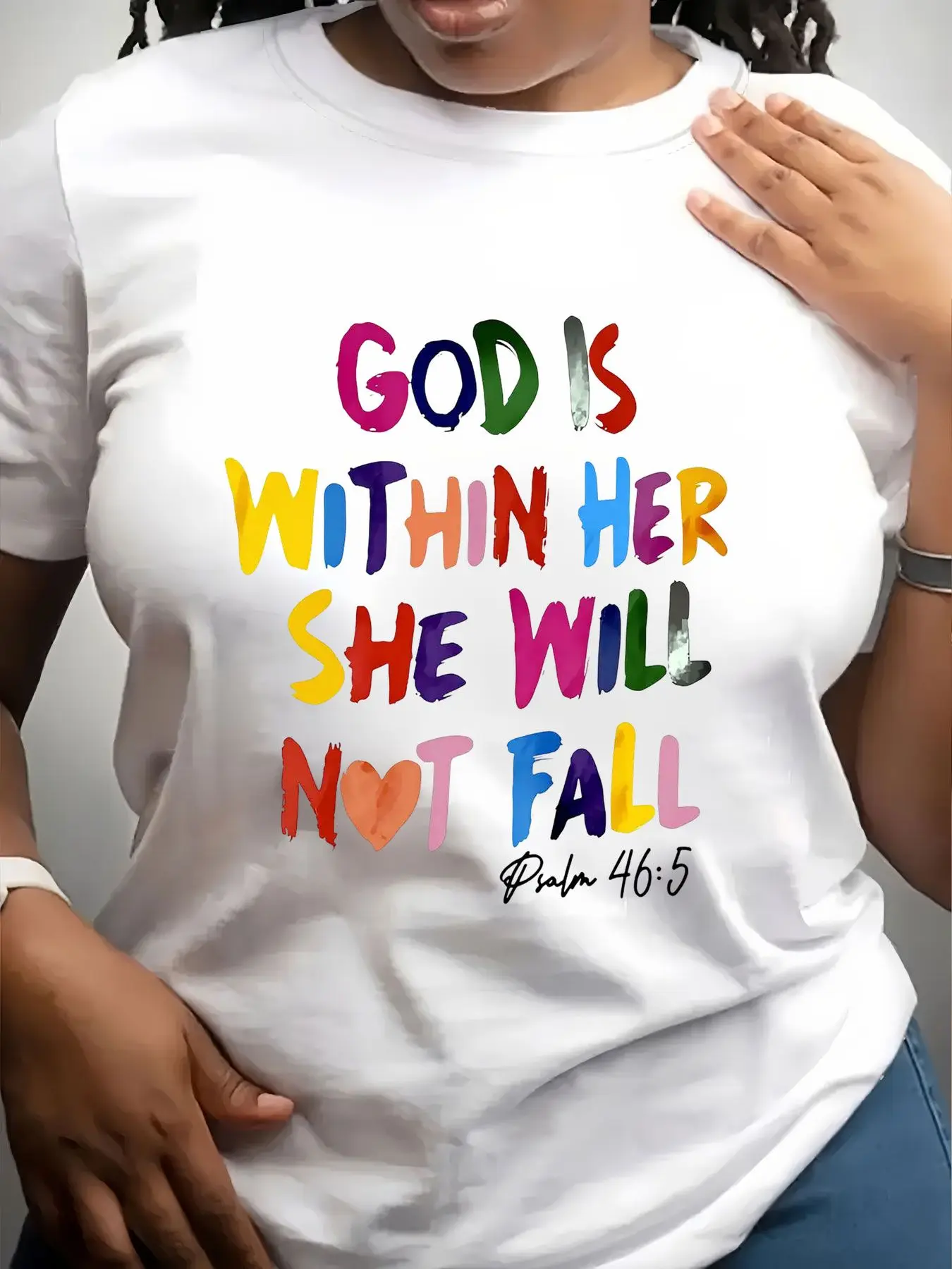 Women's Trendy Crew Neck T-Shirt God Is Within Her She Will Not Fall Psalm Forty Six Five Suitable for Casual Sportswear