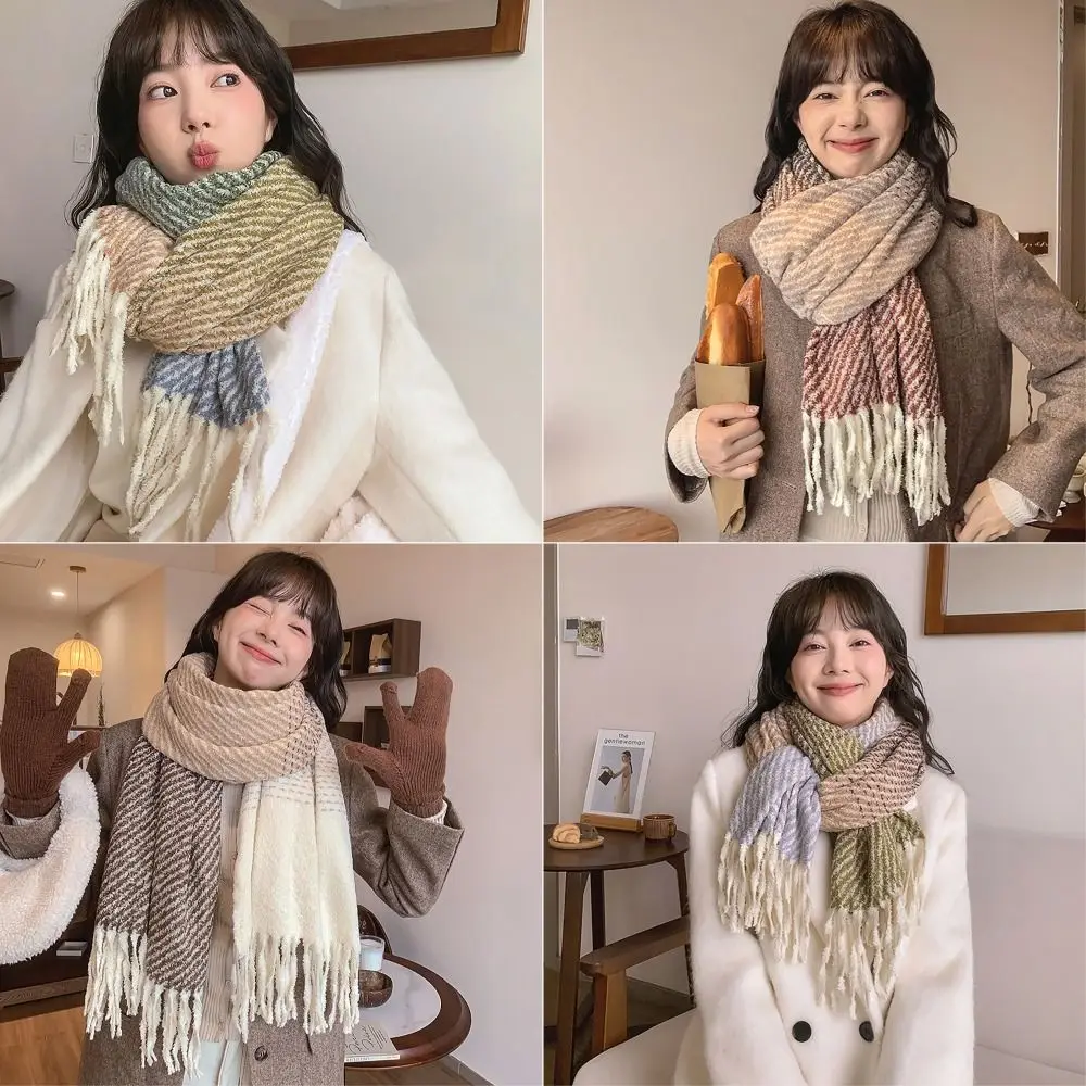 210x70cm Knitted Scarf Splicing Design Wool Thickened Shawl Winter Warm All-match Long Scarves for Women Girls Maiden