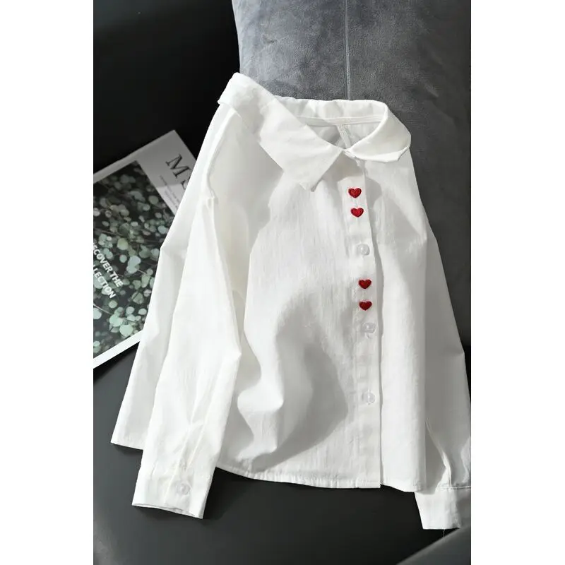 Kids Girls Heart Embroidery Blouse Shirts 2025 New Fashion Children Spring Autumn Cotton Tops School Wear Cltohing White Shirts