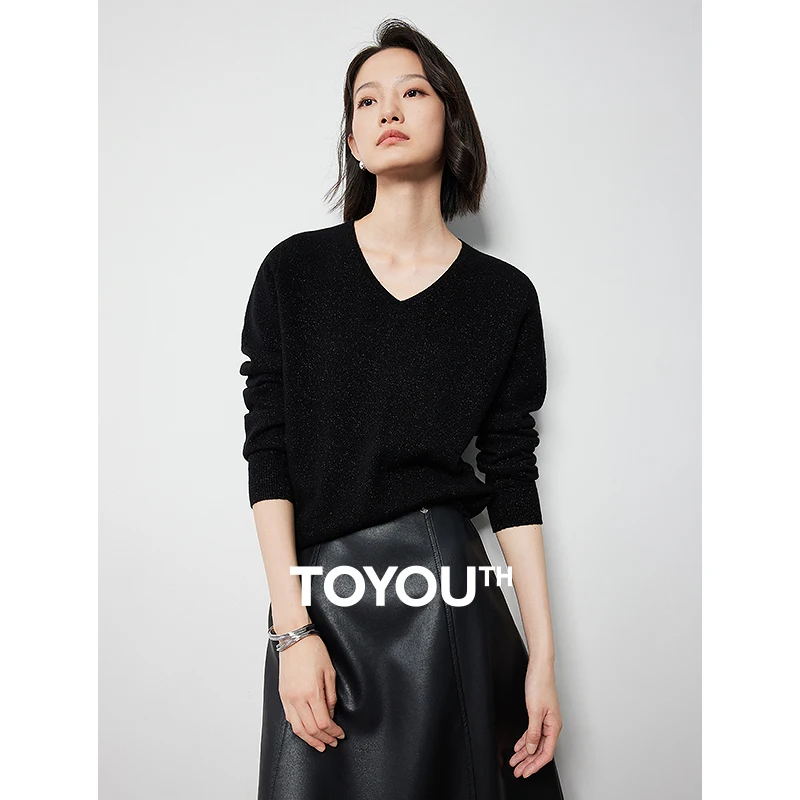 TOYOUTH Women Wool Knitted Sweater 2024 Autumn Winter New V Neck Warm Basic Bottoming Pullover Sweater Black