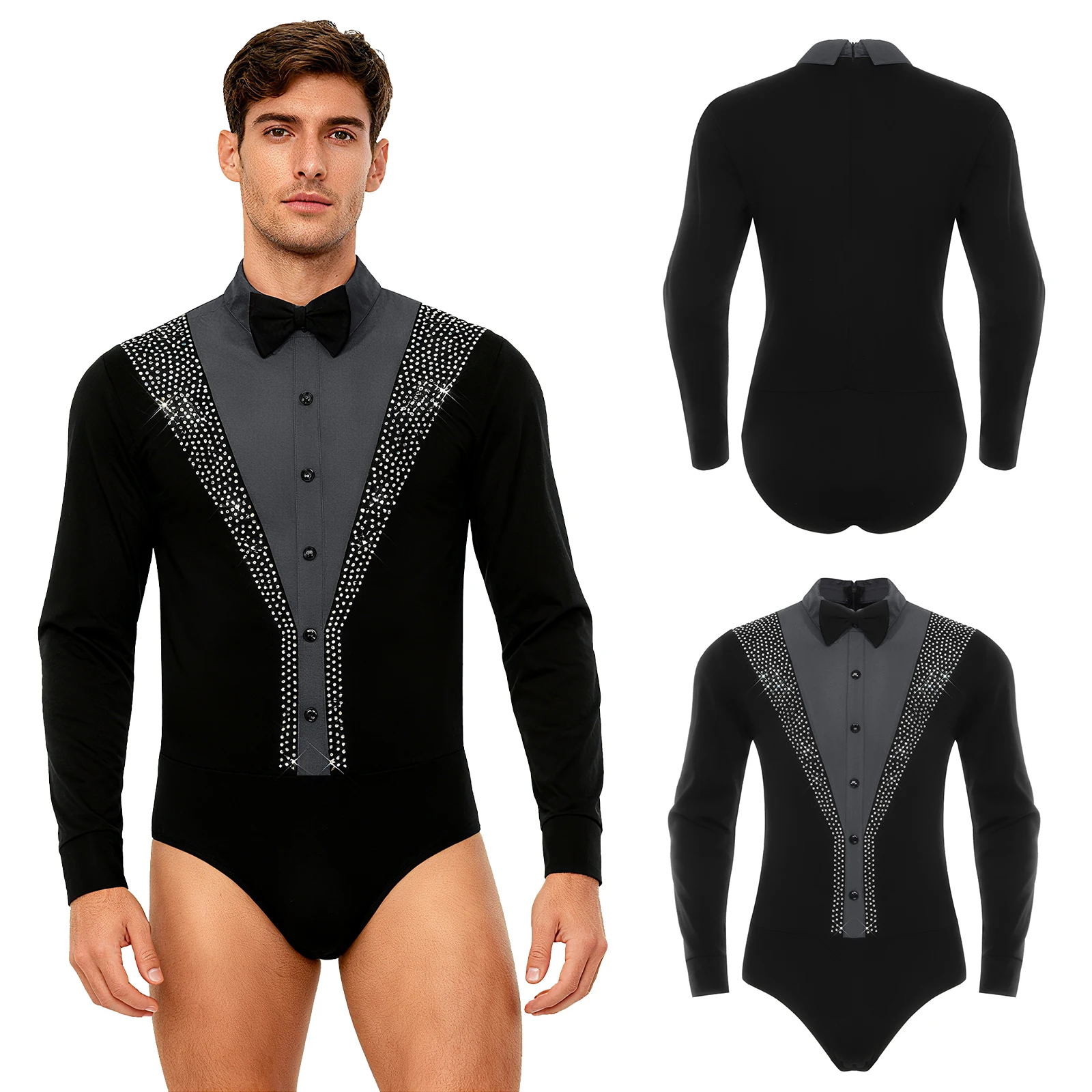 

Elegant Men One Piece Sequins Latin Waltz Ballet Jazz Dance Bodysuit with Bowtie Long Sleeve Lyrical Ballroom Dance Costume