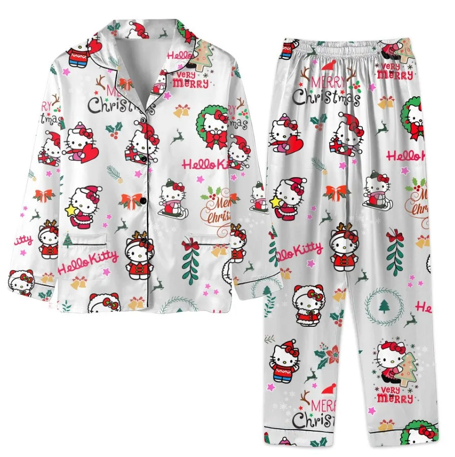 Sanrio Christmas Hello Kitty Casual Pajama Girls Y2k Home Pajamas Set Kawaii Women\'S Printed Kt Cat Pants Long Sleeve Gifts