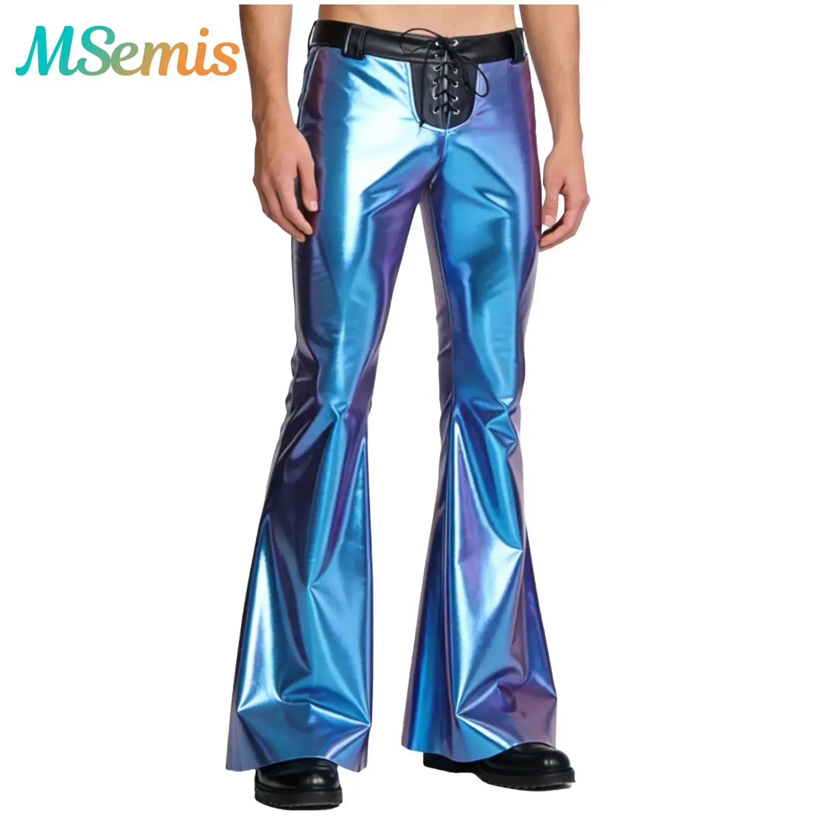 

Mens Metallic Shiny Lacing Waist Bell Bottom Trousers Clubwear 70s Disco Jazz Dance Flared Long Pants Vintage Cowboy Costume