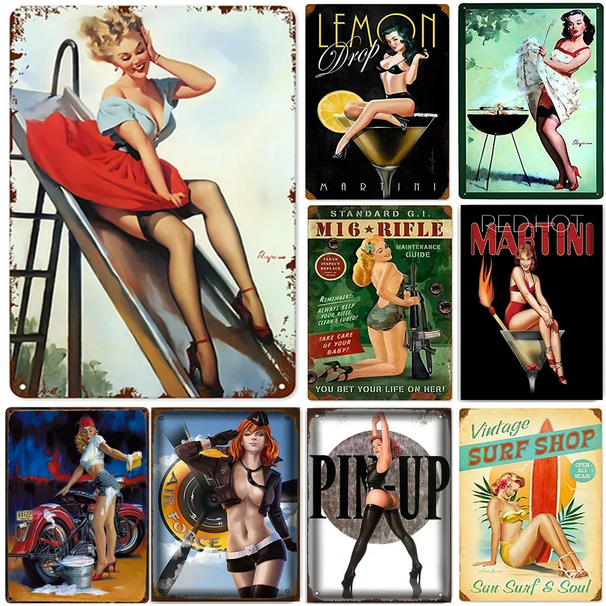 Metal Tin Signs Plaque Pinup Girls Wall Decoration Vintage Art Posters Iron Painting for Man Cave Home Cafe Game Room Club Bar