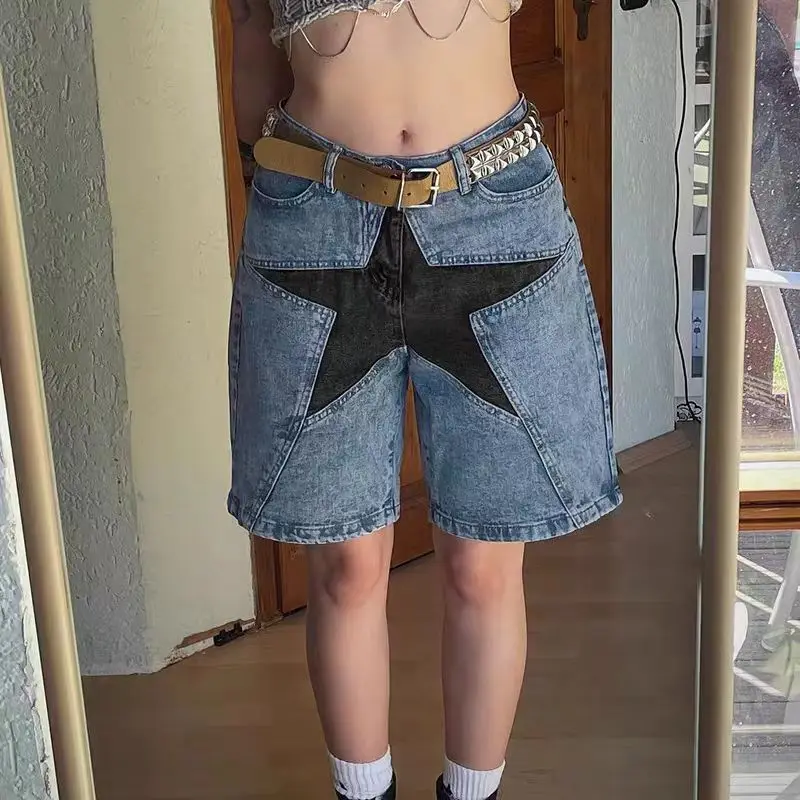 Five-pointed Star Patch Denim Shorts Women High Waisted Casual Blue Washed Straight Jeans Hip Hop Oversized Short Pants Summer