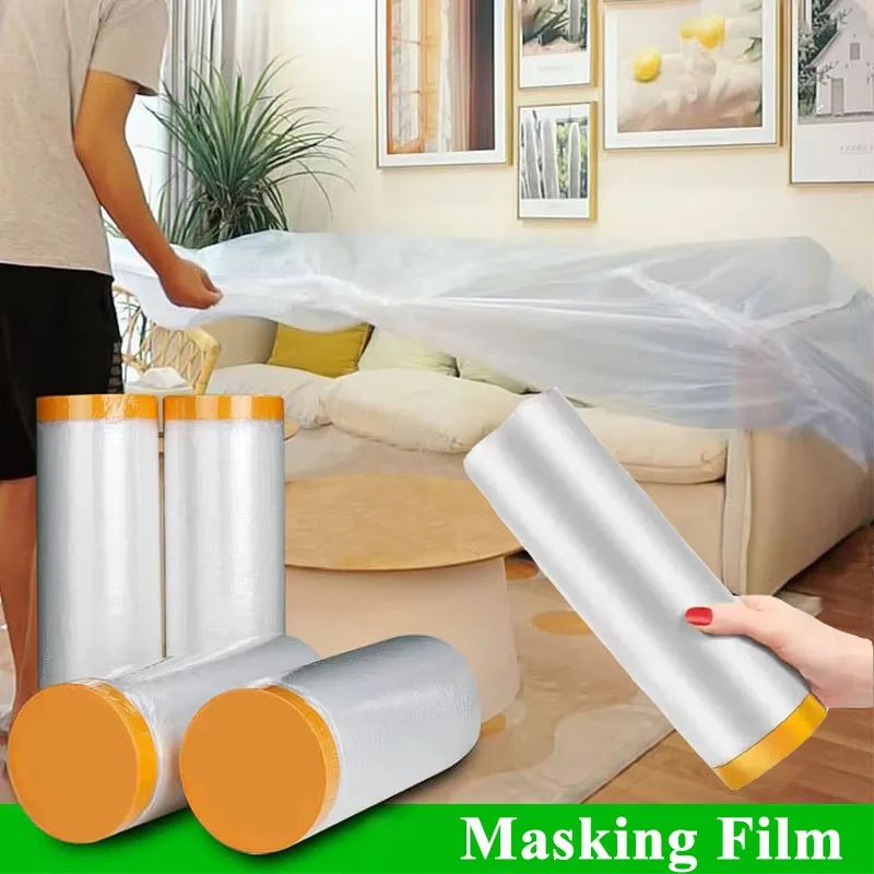 

Pre-Taped Masking Film For Car Paint Furniture Protection Plastic Sheeting Automotive Washi Tape Plastic Drop Cloth for Painters