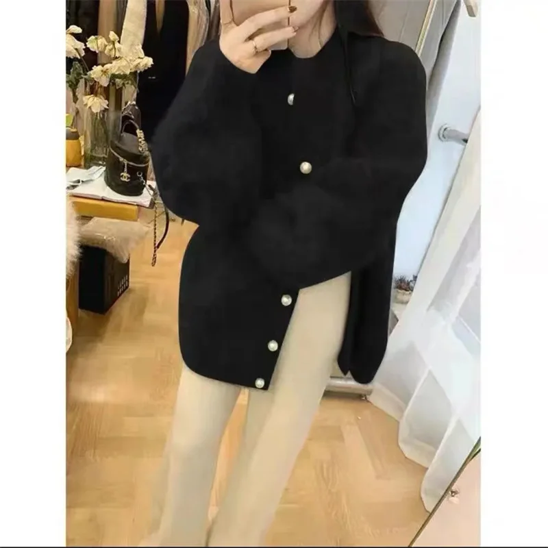 2024 South Korea Dongdaemun Women's Long Hair Mink Velvet Diamond Buckle Loose Round Neck Cardigan Sweater Jacket Fashion Female