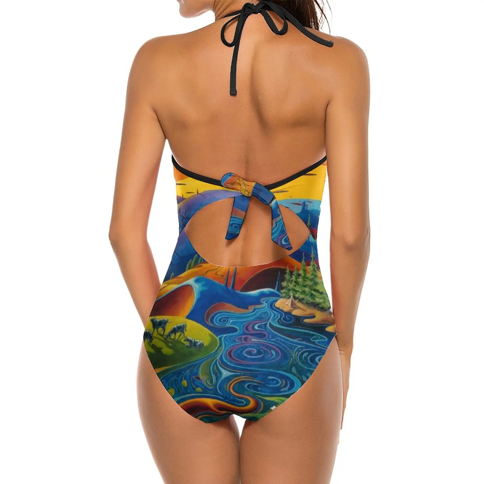 My Homeland Deep V-Neck Halter One-Piece Swimsuit Ladies Monokini Beach Bathing Suits Swimwear Fox Thistle Heather Frog