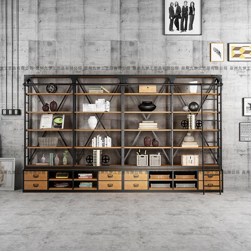 Jiumeng wrought iron solid wood full wall bookshelf American retro floor bookcase living room industrial style multi-layer shelf