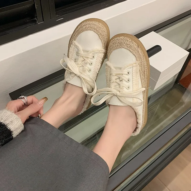 Fashion Casual Lace Up Canvas Shoes for Women 2024 Autumn New Designer Half Slipper Shoes Female Flat Casual Sneakers Ladies