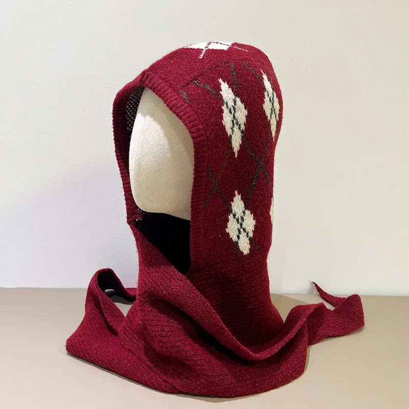 Fair Island Balaclava Women's Winter Warm Knitted Hat Scarf Integrated Large Head Circle Hooded Ear Protector