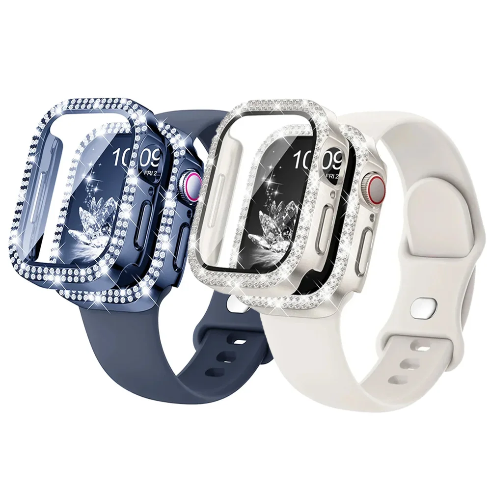 Diamantgehäuse + Armband für Apple Watch Band 40 mm 41 mm 42 mm 44 mm 45 mm 38 mm Armband + Displayschutzfolie + Bumper Serie 10 8 7 9 SE 6 5 4