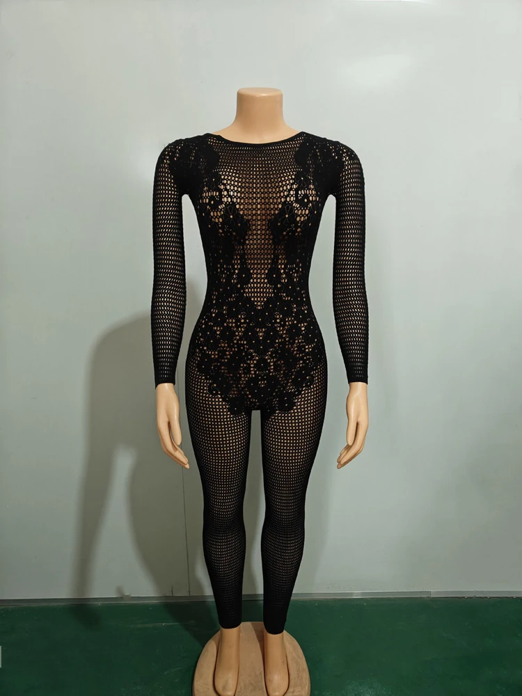 JENYAGE Damen Spitzen-Patchwork-Overall aus transparentem Mesh, langärmelig, eng anliegend, einteiliger Overall, sexy Nachtclub-Bodysuit, Schwarz – Detail 8