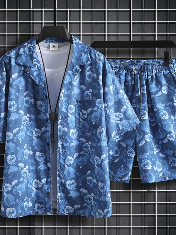 

Hawaii Beach Vaion Floral irt ort Sve Loose Retro Men's Casual Sport Suit Polyester Fiber Summer Youth Set