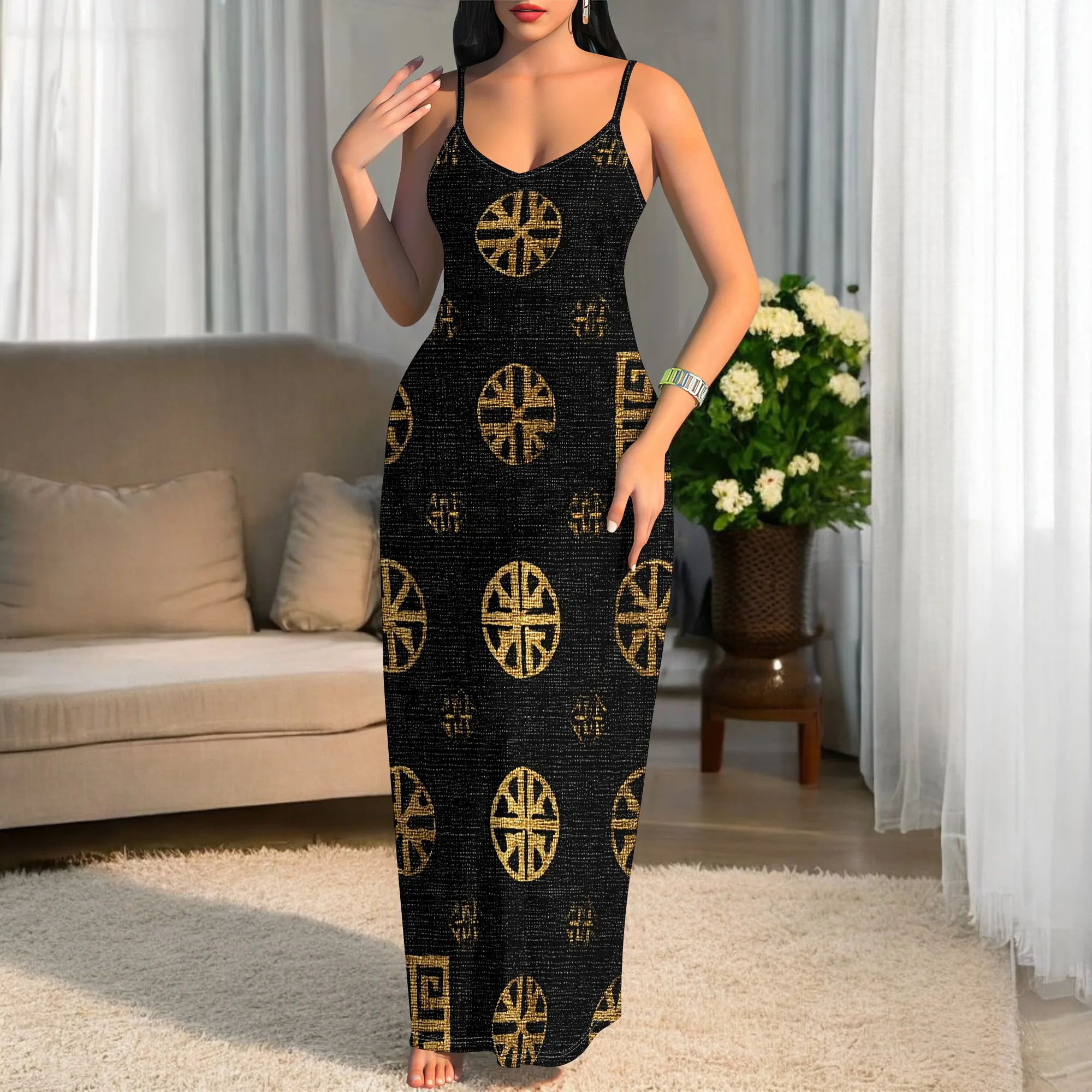 

Women's Black Gold African Print Maxi Dress S-3XL, Spaghetti Strap Sleeveless Tribal Geometric Party Elegant Dress