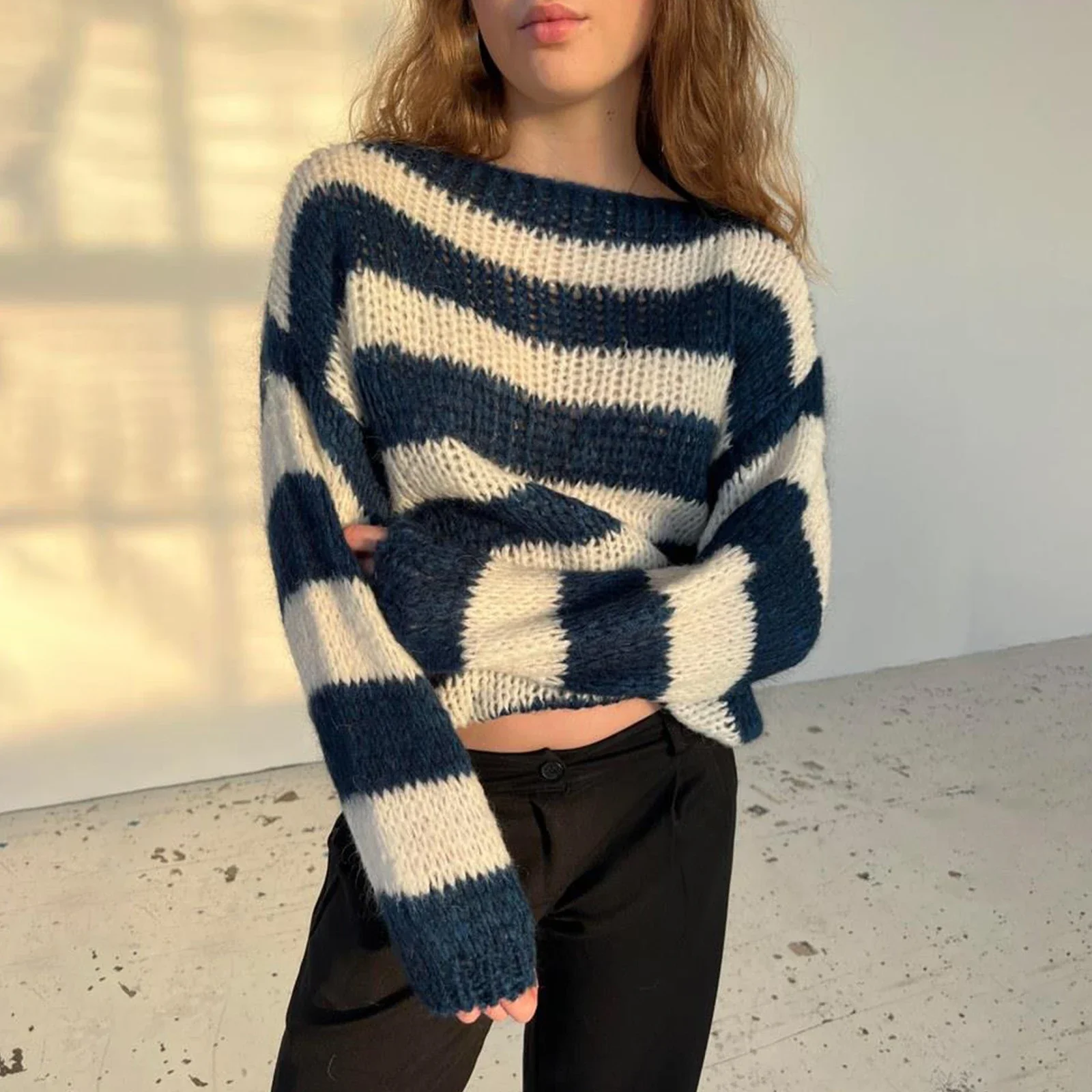 Women Y2k Oversized Striped Sweater Color Block Crew Neck Long Sleeve Pullover Jumpers Cute Retro Preppy Streetwear