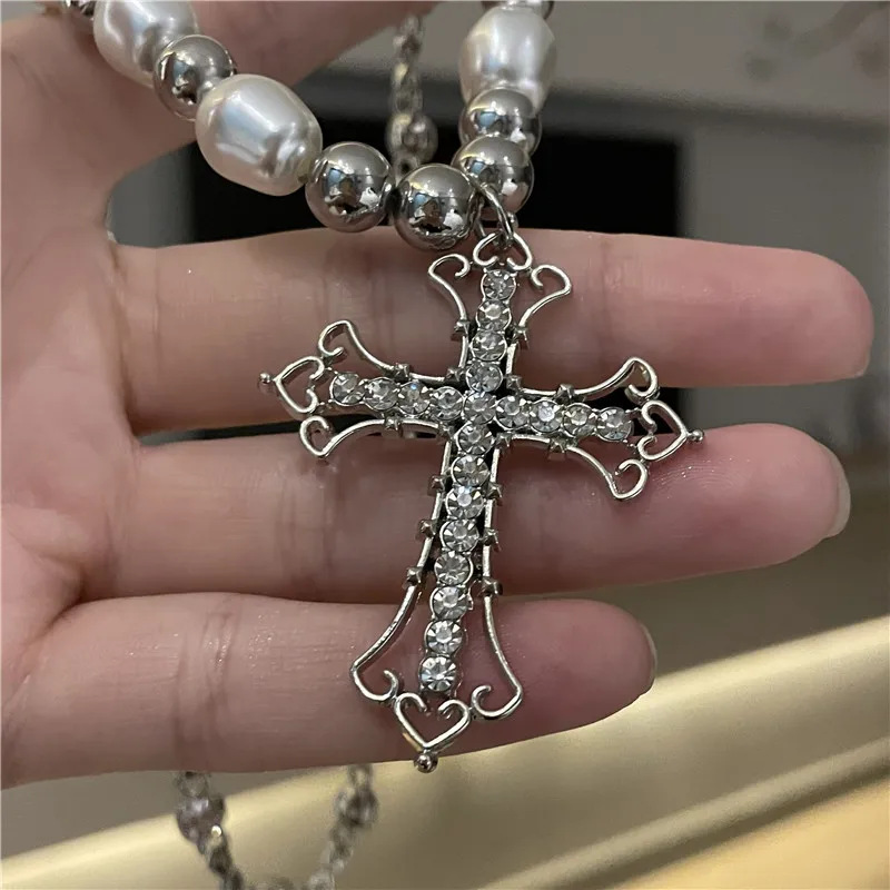 Y2K Pearl Cross Pendant Necklace Women Punk Retro Women Religious Zircon Chain Necklaces Girls Hip Hop Party Trendy Jewelry Gift