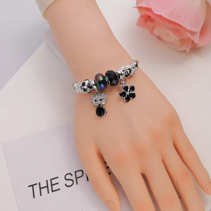 Cartoon Character Hello Kitty Kawaii Anime Stainless Steel Crystal Adjustablet Bracelet Beads Jewelry Accessories Gift