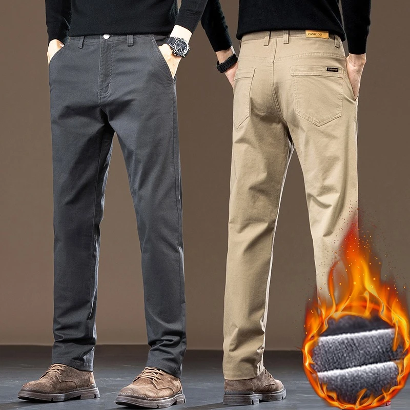 

Men's Slim Straight Fleece Pants Winter Business Stretch Casual Work Trousers Luxury Solid Color Classic Versatile Male Pant