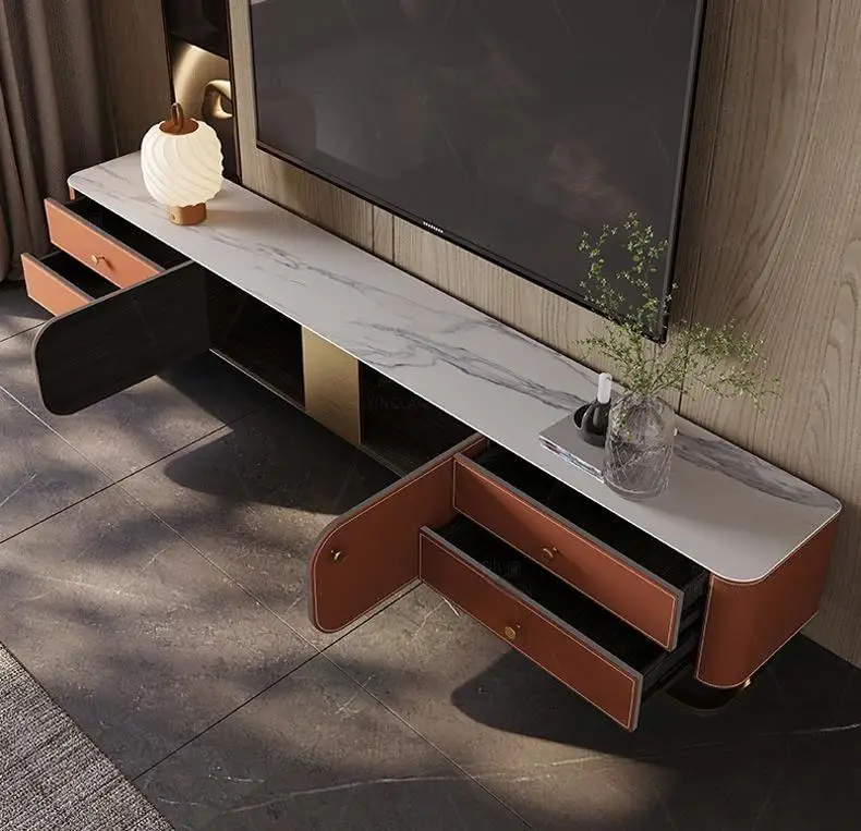 

# White Stone Rectangular Coffee Table Combination with Brown Legs and 2 Drawers Champagne