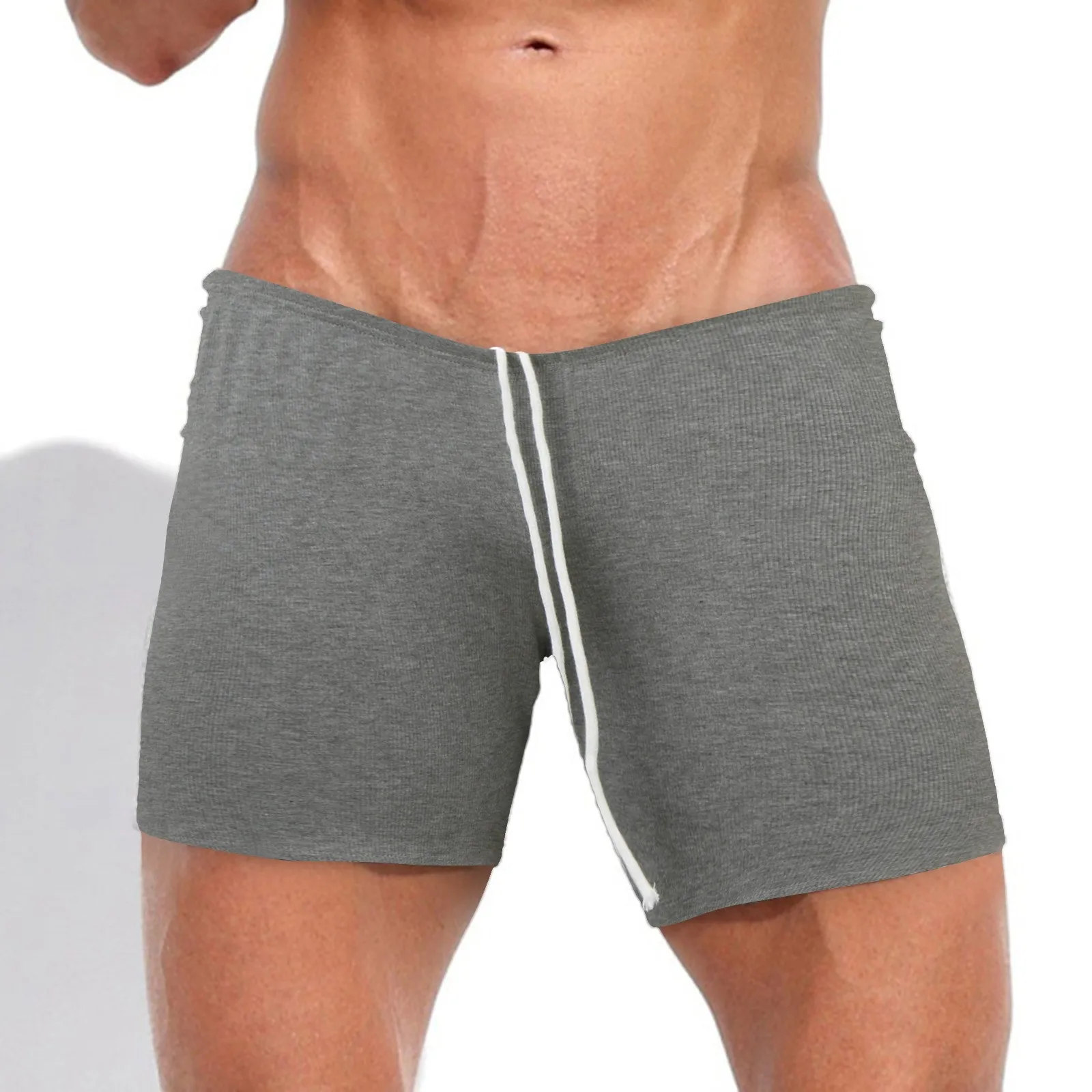 Summer Breathable Soft Comfort Ribbed Shorts Mens Sleepwear Elastic Slim Fit Mens Shorts Solid Color Drawstring Lace-up Shorts