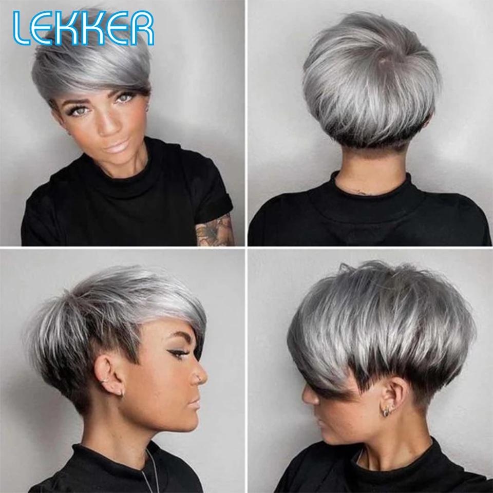 Lekker Sliver Grey Short Pixie Cut Straight Human Hair Wig For Women Brazilian Remy Hair Cheap Glueless Colored Machine Made Wig