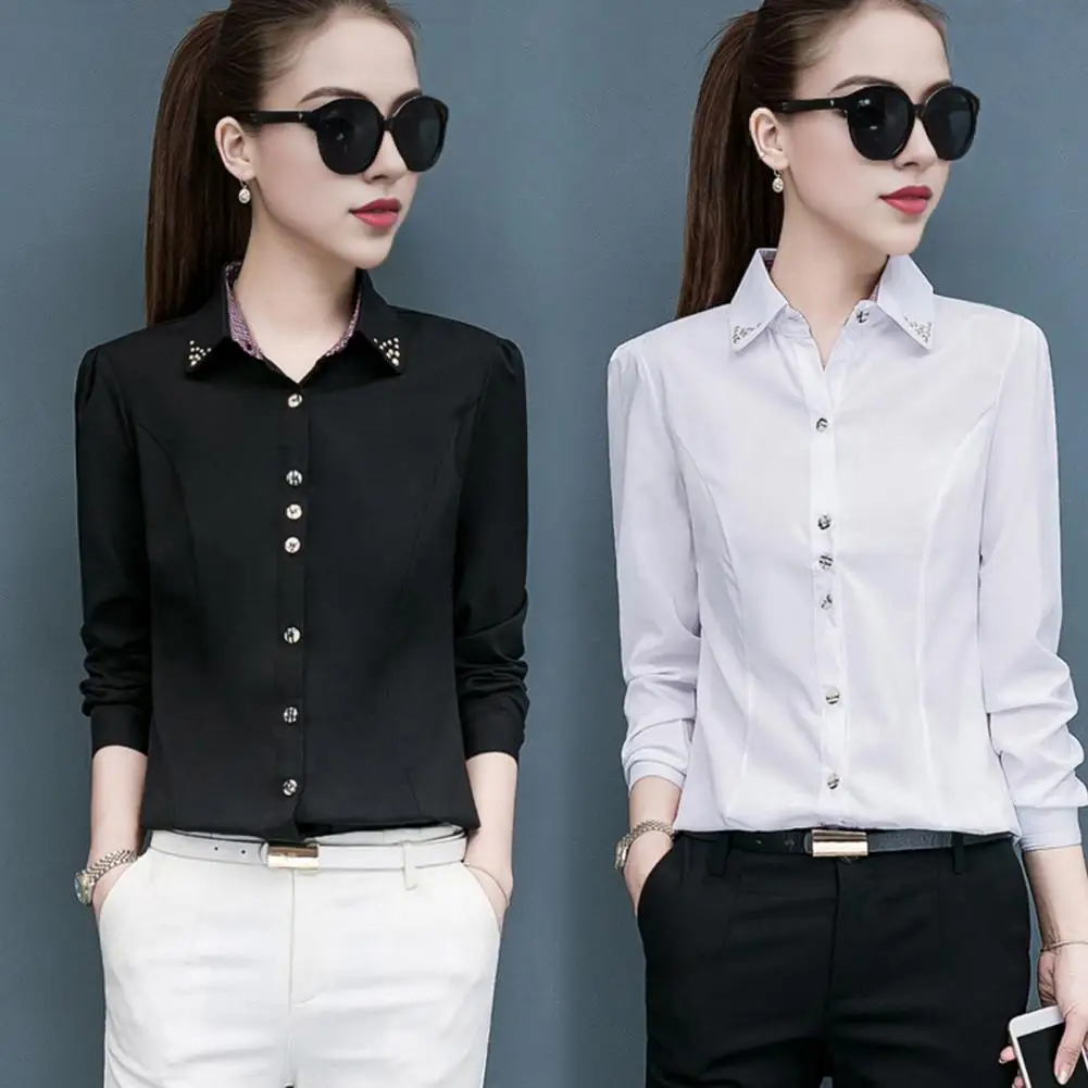 Women Shirt Elegant Lapel Long Sleeve Women's Shirt for Office Daily Wear Solid Color Single Breasted Button-up Top Casual Work