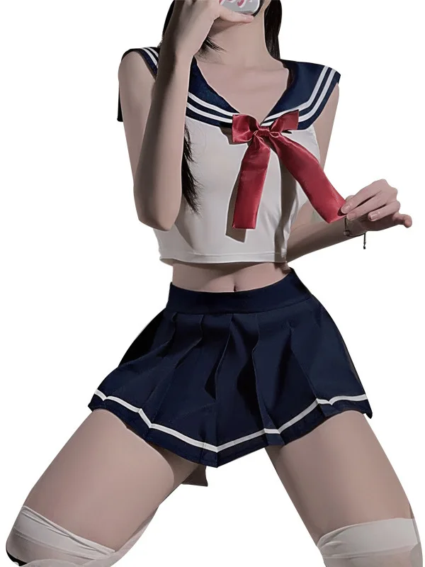 Korean Style Sexy Hollow Out Temptation Slim Fit Student Summer Female Dress Role Playing Schoolgirl Uniform Trendy Clothes JMBX