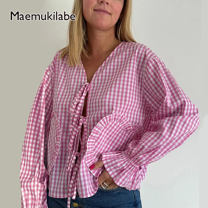 Maemukilabe Women Blouse Front Tie Up Puff Sleeve Tees 90s Vintage V Neck Crop Tops Chic Casual Daily T-shirt Elegant Streetwear