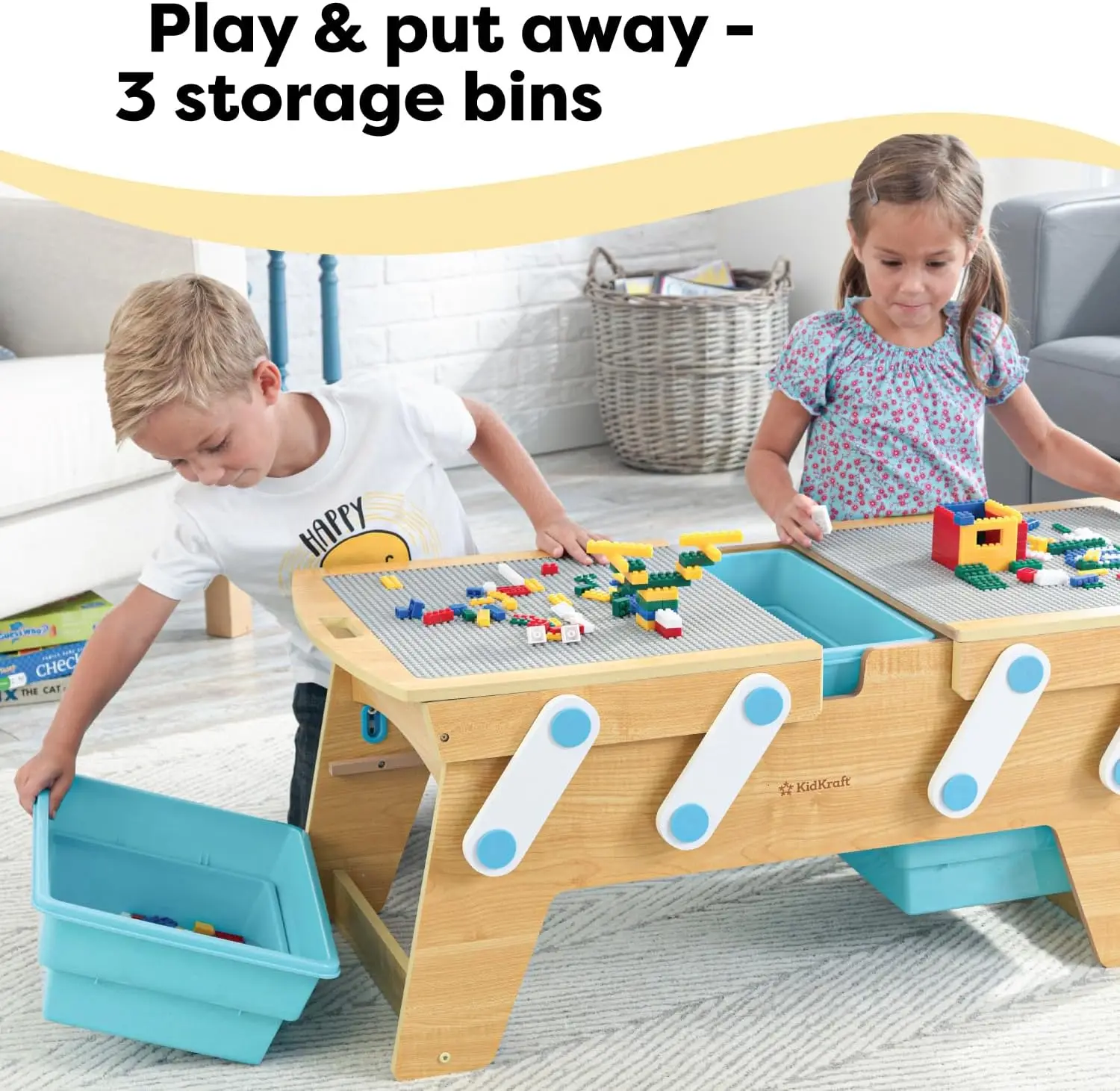 อาคารอิฐ Play N Store โต๊ะไม้,ของเล่นเด็กพร้อมถังขยะ,รวม 200+ Building Blocks,ธรรมชาติ,ของขวัญสําหรับ Ag