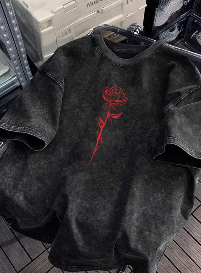 Unisex Oversized Vintage Washed Black T Shirt Grunge Minimalist Line Art Red Rose Graphic Tee Short Sleeve Heavyweight Cotton Dark Aesthetic Streetwear Casual Tops