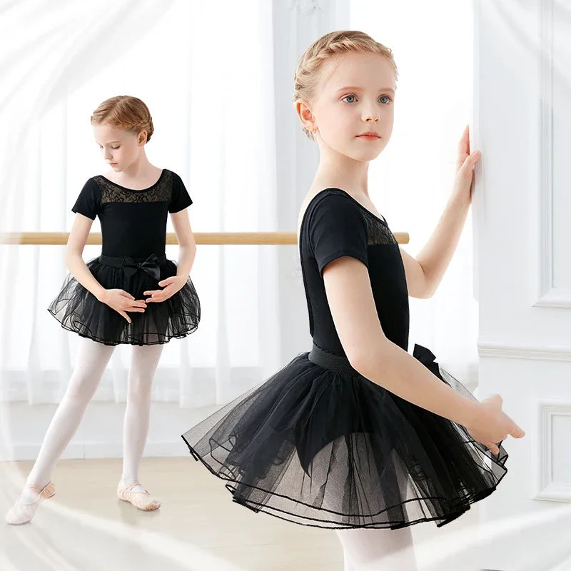 Meisjes zwarte ballet maillots kinderen kant splice danskleding gymnastiek bodysuit met korte mouwen voor dansen