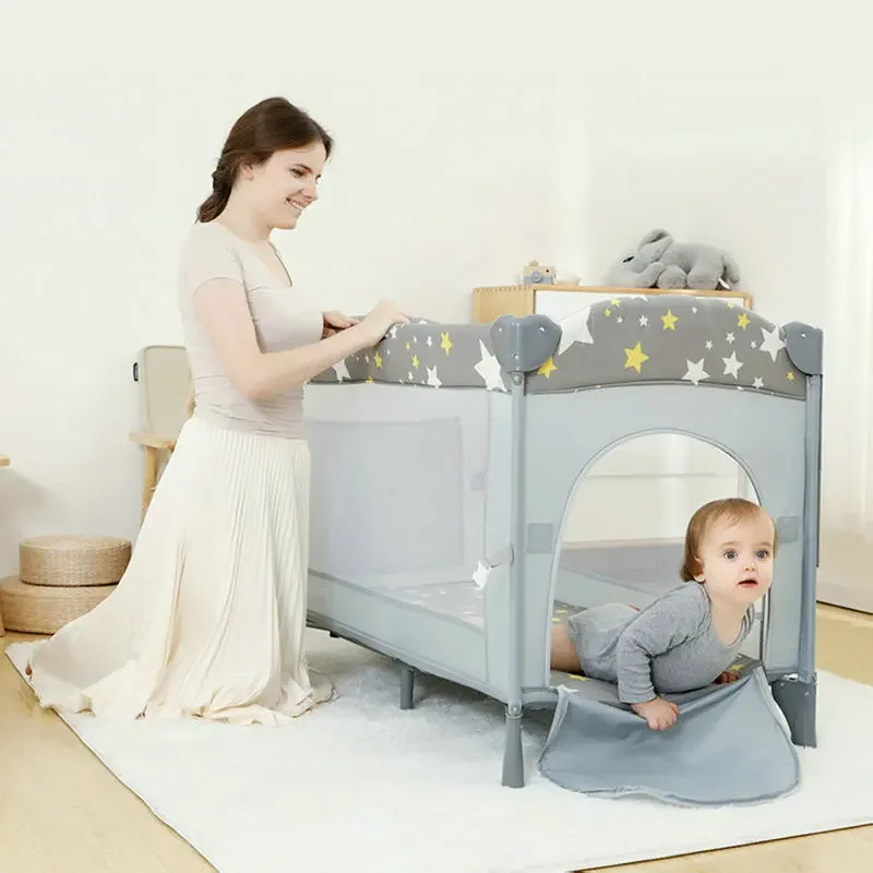 Baby Crib Playpen, Multifunctional Foldable Kids Travel Cot, Portable Splicing Bed Game Bed include matress