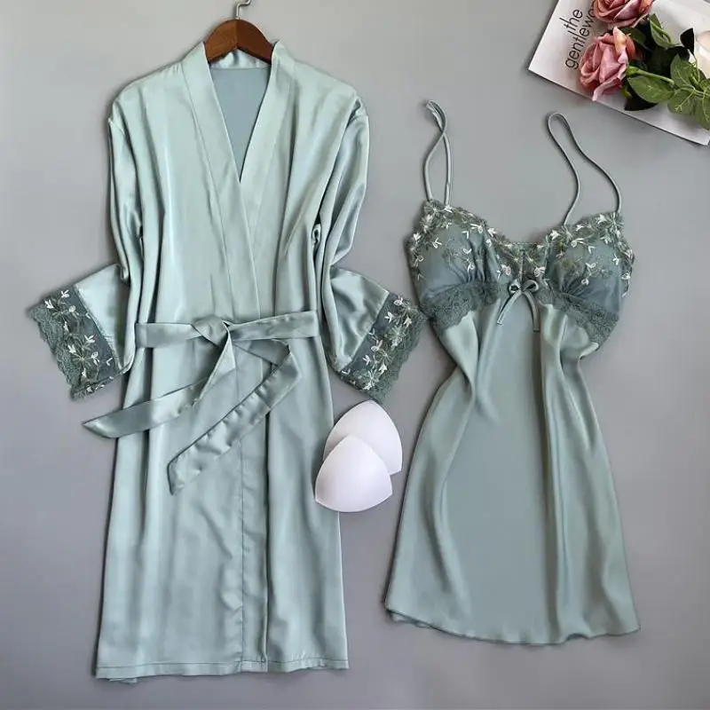 

Summer New Twinset Robe Set Women Lace Kimono Bathrobe Gown Sexy Casual Satin Sleepwear Nightgown Flower Homewear Negligee