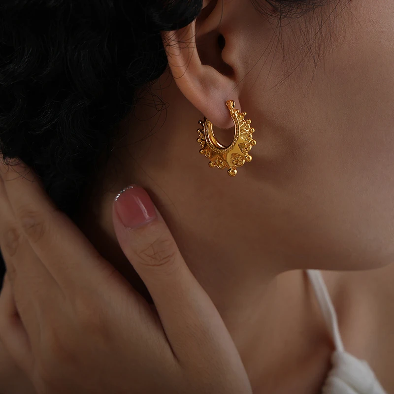 Vintage Hoop Earrings 18k Gold Plated Stainless Steel Earrings Ethnic Style Ear Hoops Statement Daily Wear Jewelry for Women