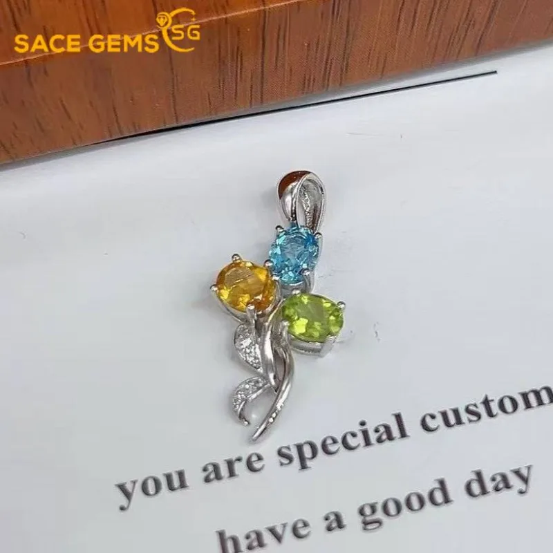 

SACE GEMS Luxury 925 Sterling Silver Certified 4*5MM Natual Tourmaline Pendant Necklace for Women Cocktail Party Fine Jewelry